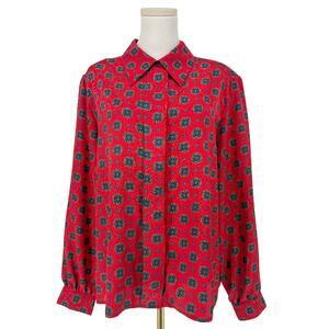 Vintage 1980s Satin Jacquard Printed Button Front Shirt Women 16 XL Red Brocade